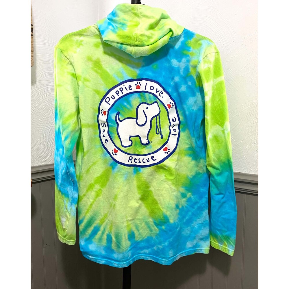 Puppie Love Rescue Women’s Small Tie Dye Pullover Hoodie Dog Graphic